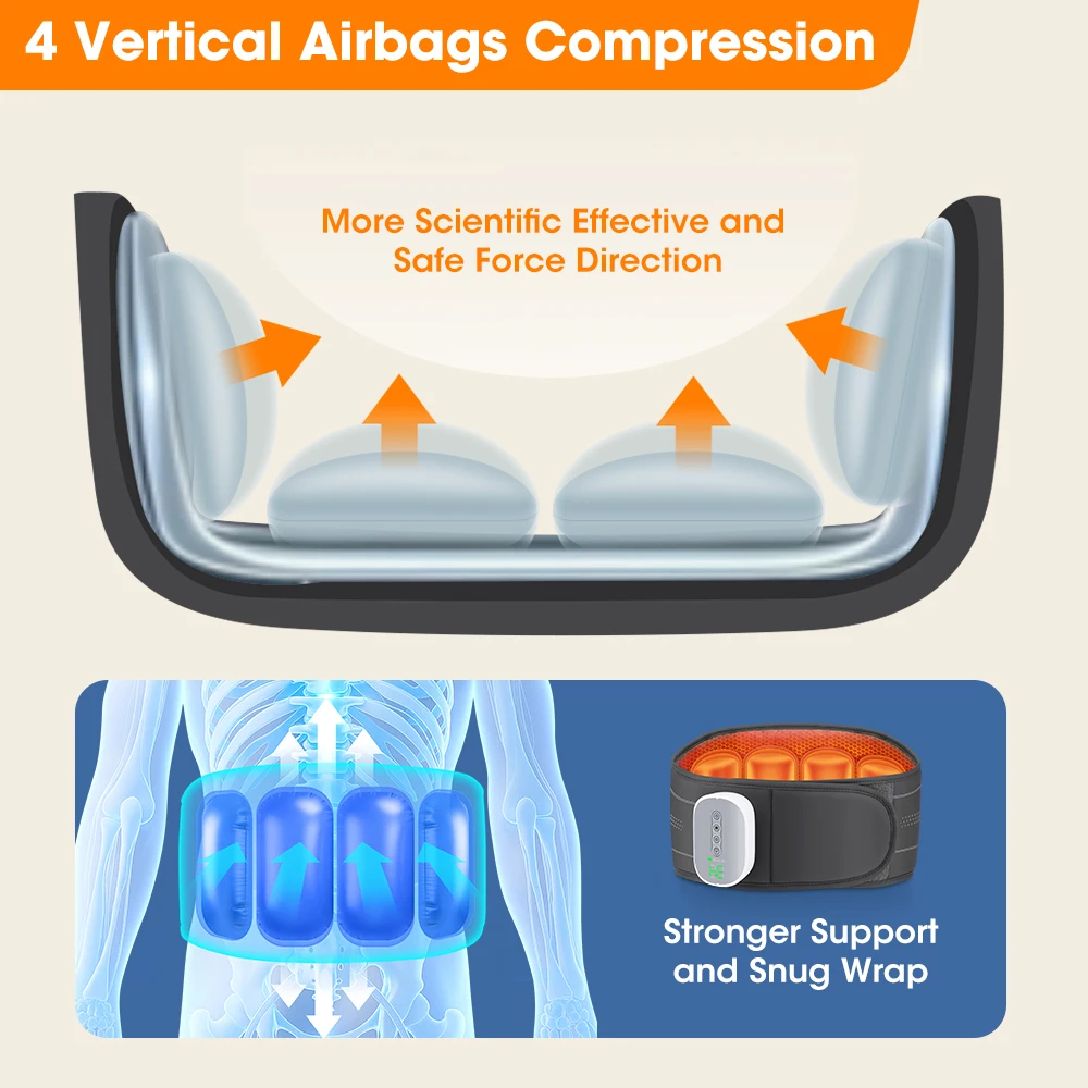 Cordless Heating Waist Belt with 3 Airbag Decompression 4 Heat Settings Adjustable Lumbar Support Massager for Lower Back