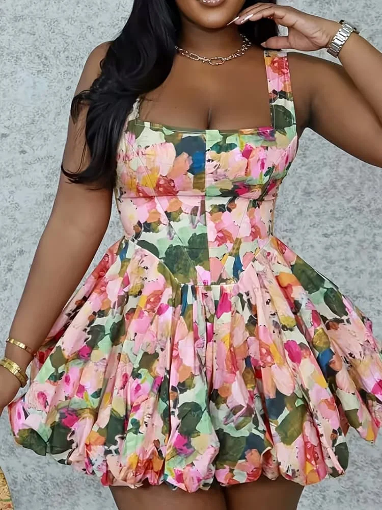 Plus Size Square Neck Wide Strap Flare Hem Mini Dress For Women Daily Vacation Street Going Out Party A Line Dress