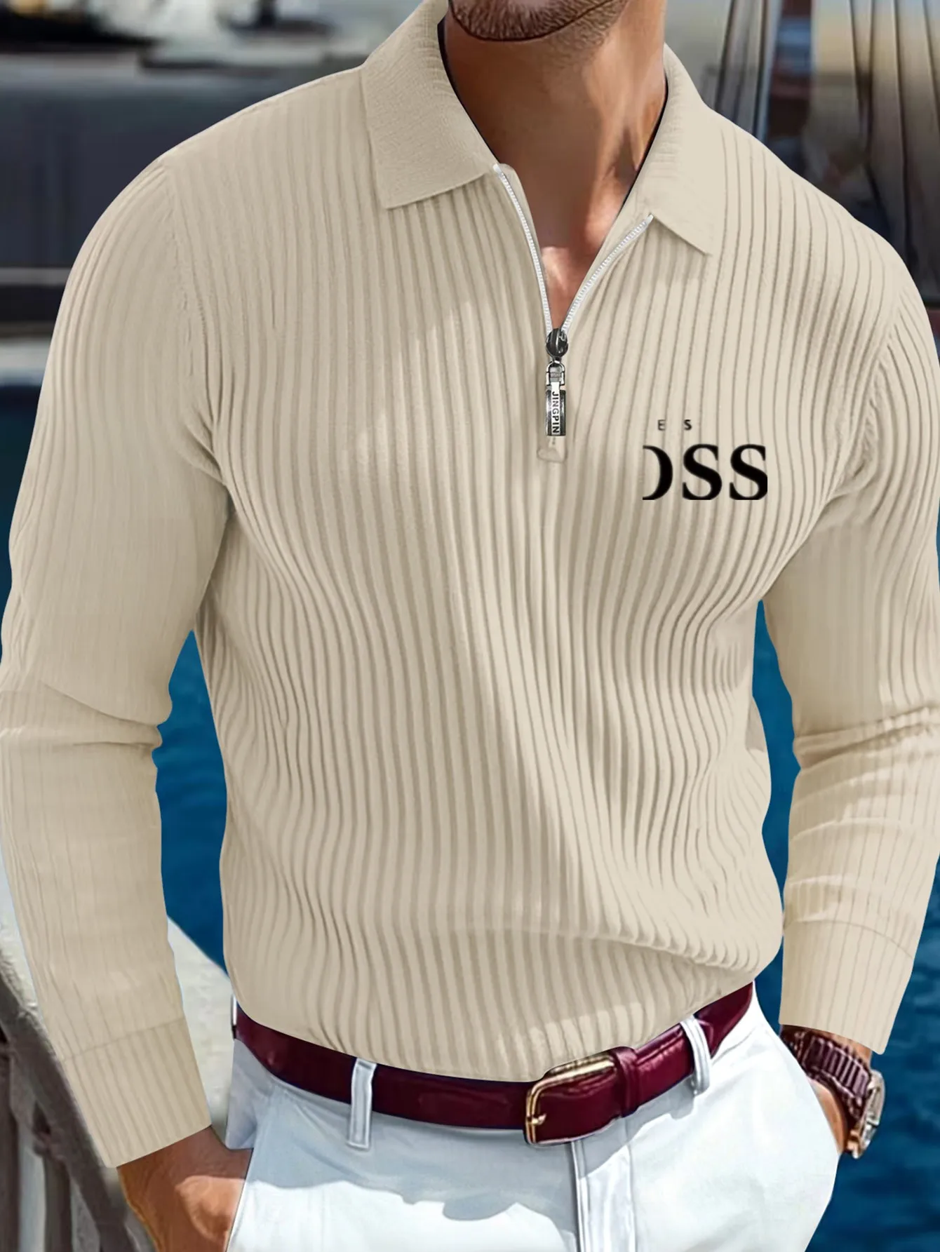 Men's Long-Sleeve Polo Shirt Autumn/Winter 2026 Striped Print & Letter Print Comfortable Casual Design