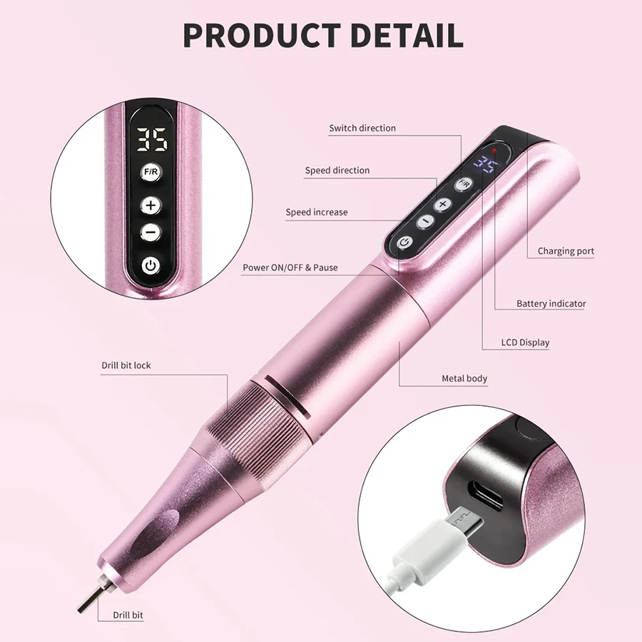 35000RPM Cordless Portable Nail Drill, Rechargeable Electric Nail File Manicure Pedicure Set, Professional Nail Art Tool for Gel Nails, Shaping Polishing for Home Salon & Nail Art Beginners