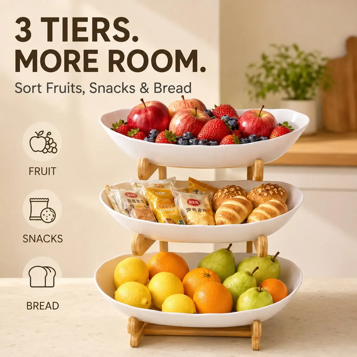 2/ 3 Layer Luxurious Wooden Elegant Fruit Rack - Double-Layer Fruit Bowl, Creative Candy Display - Natural Wood, Living Room Snack Tray, Space Saving Design, Easy Assembly, Father's Day Gift, Dessert Kitchen Service Tray