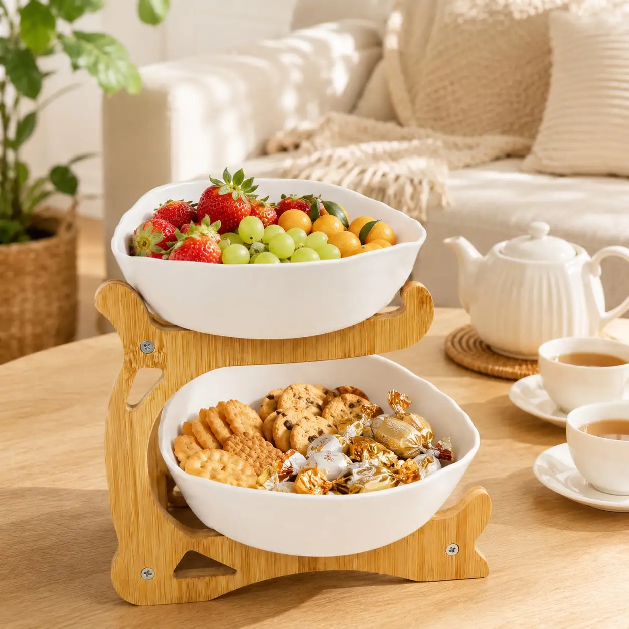 2/ 3 Layer Luxurious Wooden Elegant Fruit Rack - Double-Layer Fruit Bowl, Creative Candy Display - Natural Wood, Living Room Snack Tray, Space Saving Design, Easy Assembly, Father's Day Gift, Dessert Kitchen Service Tray