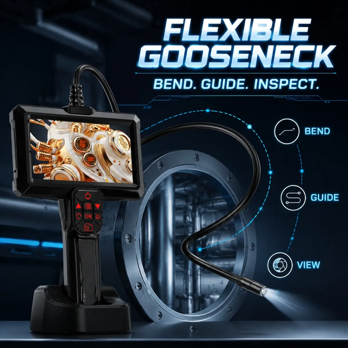 4.3‑Inch Handheld Industrial Endoscope Camera, 1080P HD Borescope with Adjustable LEDs for Sewer Pipe & Drain Inspection