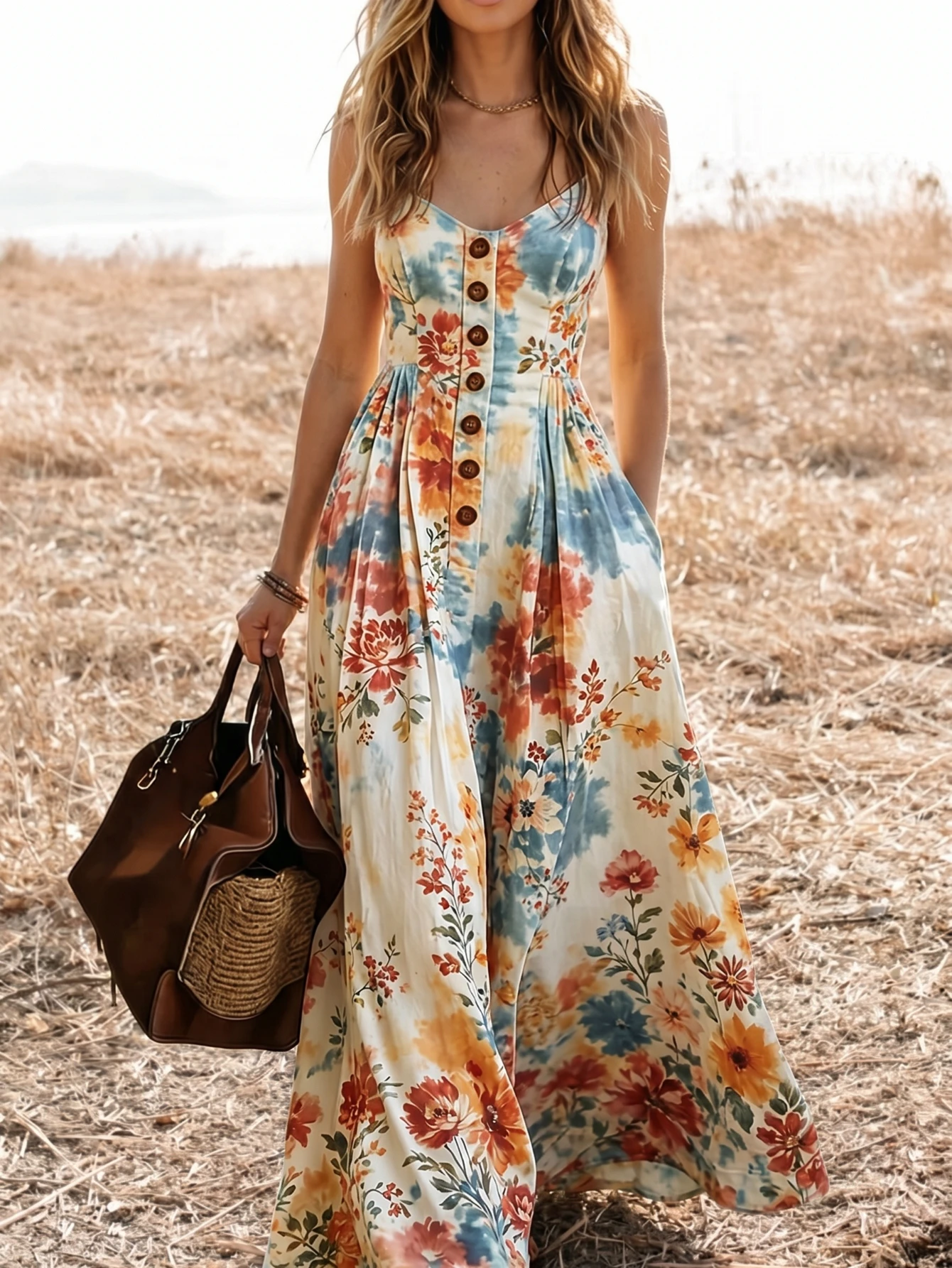 Women V Neck Spaghetti Strap Floral Print Maxi Dress Button Front A Line Flowy Dress For Casual Holiday Occasion