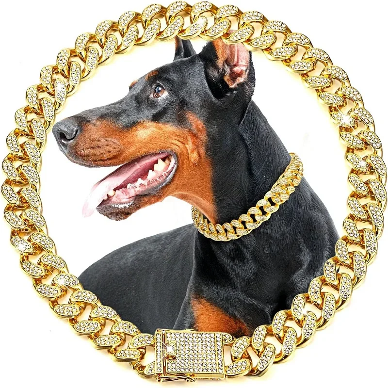 Luxury Gold Metal Dog Chain Collar Bling Pet Jewelry Necklace For Small Medium Large Dogs Cats Fashion Pet Accessory