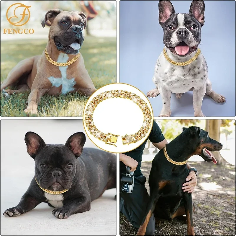 Luxury Gold Metal Dog Chain Collar Bling Pet Jewelry Necklace For Small Medium Large Dogs Cats Fashion Pet Accessory