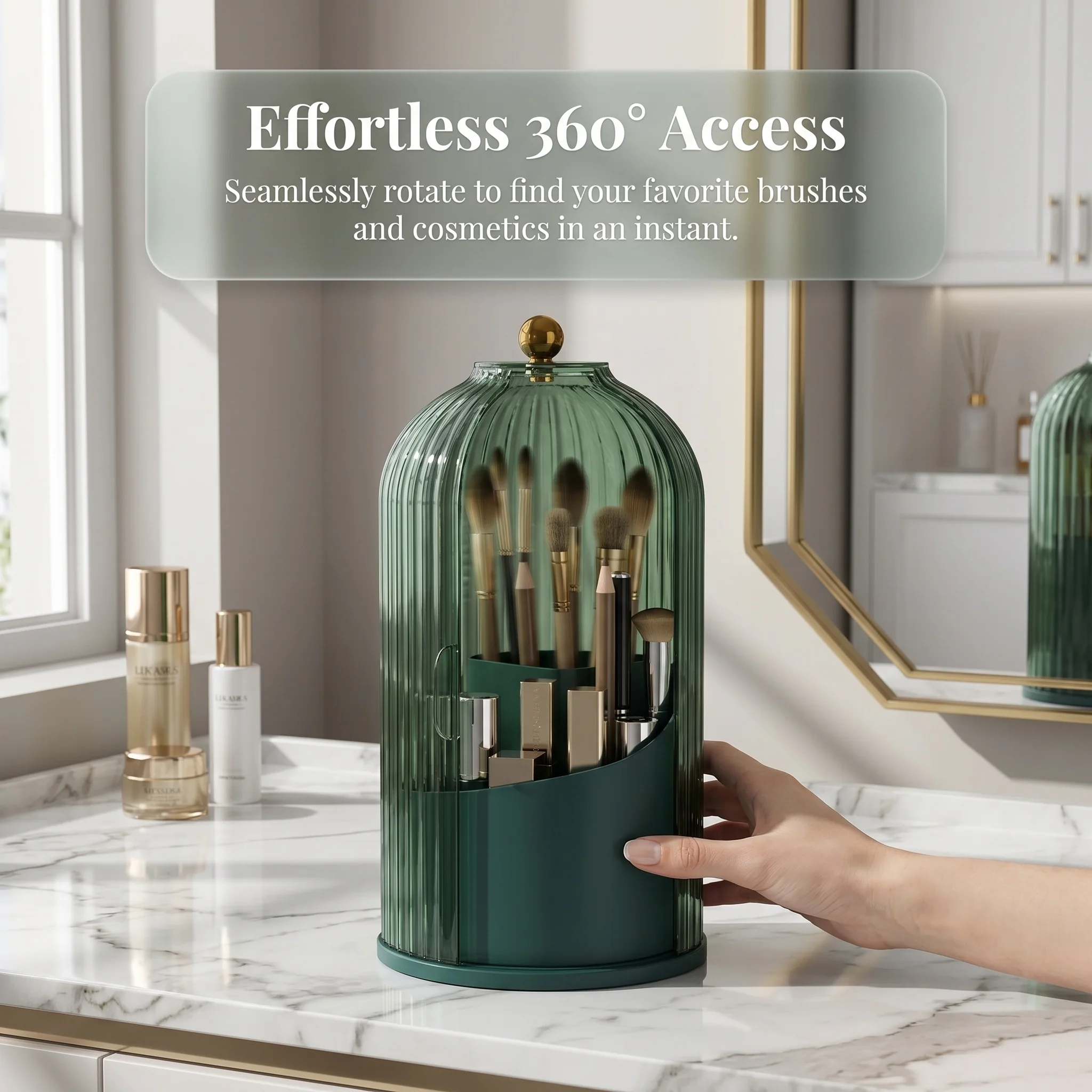 360° Rotating Multifunction Clear Dustproof Skincare Cosmetic Tools Storage Organizer, Makeup Brush Holder With Lid For Vanity Desktop Bathroom Countertop, Desk Organizer Creative Birdcage Large Capacity Lipstick, Lip Gloss