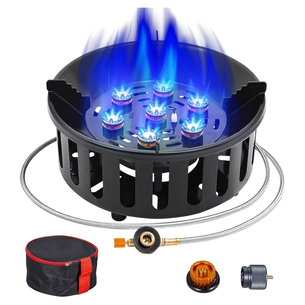 Portable Outdoor Burner Stove, 21,000-Watt Camping Backpacking Stove, Outdoor High-Flame Seven-Star Stove, with Fuel Canister Adapter and Piezo Igniter, Foldable Windproof Camping Gas Stove, Ideal for Picnics, Hiking, and Outdoor Backpacking Trips