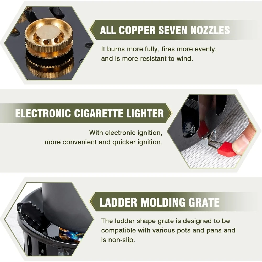 Portable Outdoor Burner Stove, 21,000-Watt Camping Backpacking Stove, Outdoor High-Flame Seven-Star Stove, with Fuel Canister Adapter and Piezo Igniter, Foldable Windproof Camping Gas Stove, Ideal for Picnics, Hiking, and Outdoor Backpacking Trips