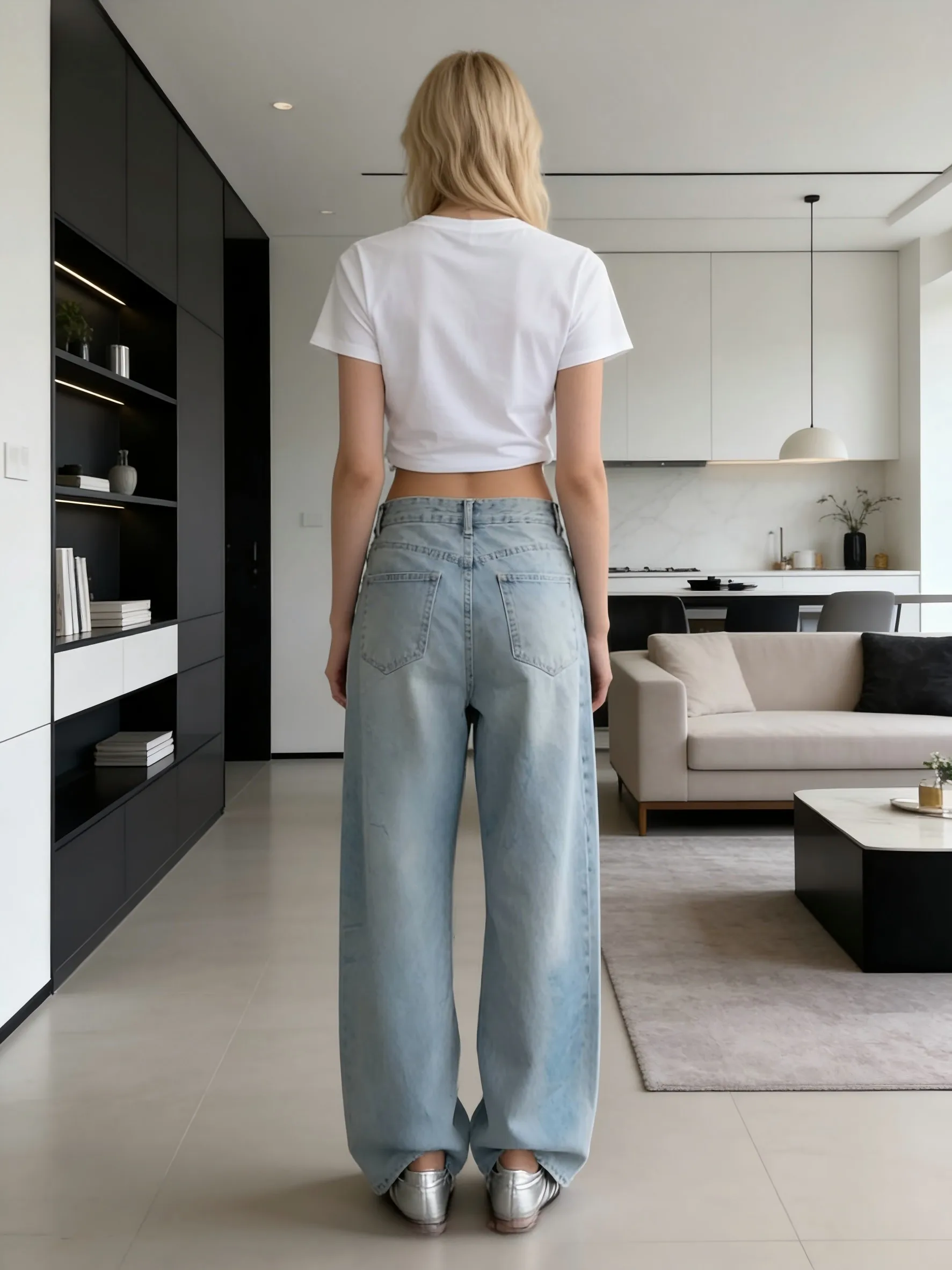 【HME】Jeans | Anime Cool Street Style Women Denim Pants, High Waist Wide Straight Denim Jeans, Full Anime Girl Print Standout Design, Light Blue Vintage Washed Fabric, Sturdy Draped Fit, For Comic Con Shopping Daily Multi-Scene Wear