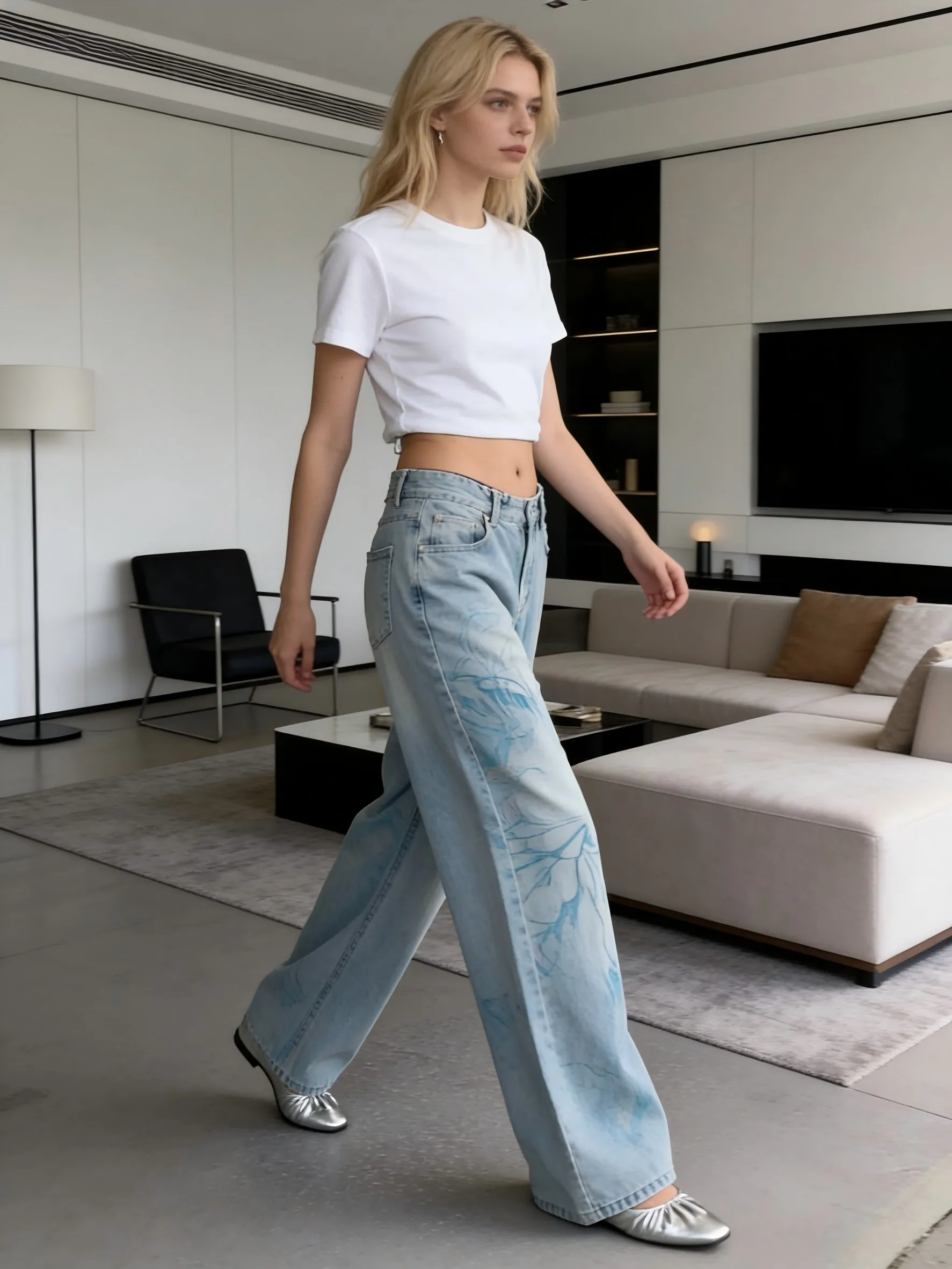 【HME】Jeans | Anime Cool Street Style Women Denim Pants, High Waist Wide Straight Denim Jeans, Full Anime Girl Print Standout Design, Light Blue Vintage Washed Fabric, Sturdy Draped Fit, For Comic Con Shopping Daily Multi-Scene Wear