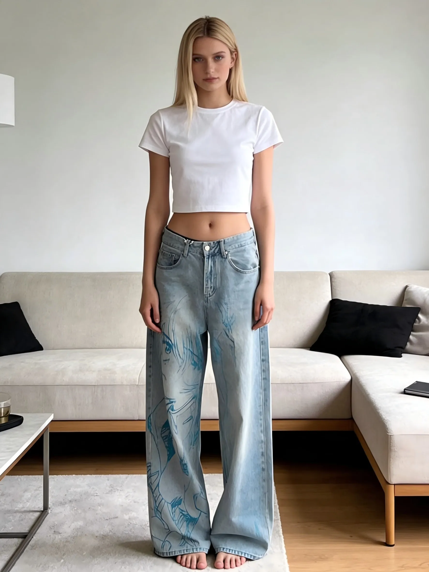 【HME】Jeans | Anime Cool Street Style Women Denim Pants, High Waist Wide Straight Denim Jeans, Full Anime Girl Print Standout Design, Light Blue Vintage Washed Fabric, Sturdy Draped Fit, For Comic Con Shopping Daily Multi-Scene Wear