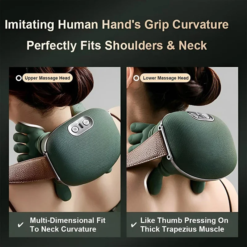 Electric Neck Massager Shoulder Massager with Heat Therapy Deep Tissue Massage Portable Rechargeable Cervical Massager for Relaxation Stress Relief Office Workers Muscle Recovery Handheld Massage Device with Human Hand Simulation Kneading Nodes Multi Mode