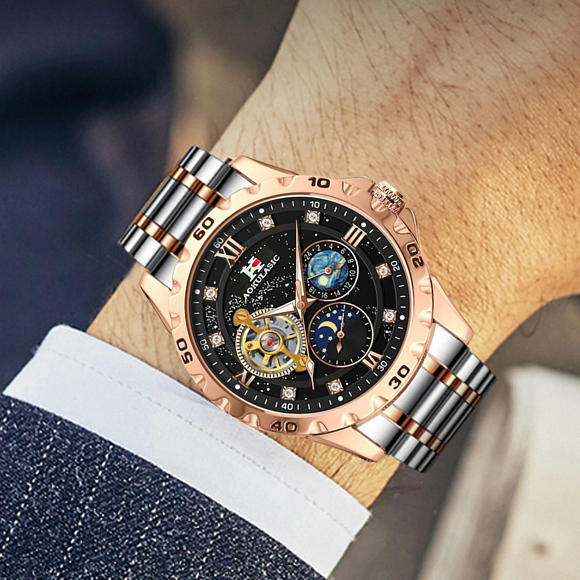 AOKULASIC Fashion Mechanical Watch for Men Starry Sky Luminous Design Stainless Steel Strap Business Automatic Watches Moon Phase Tourbillon Mens Wristwatches