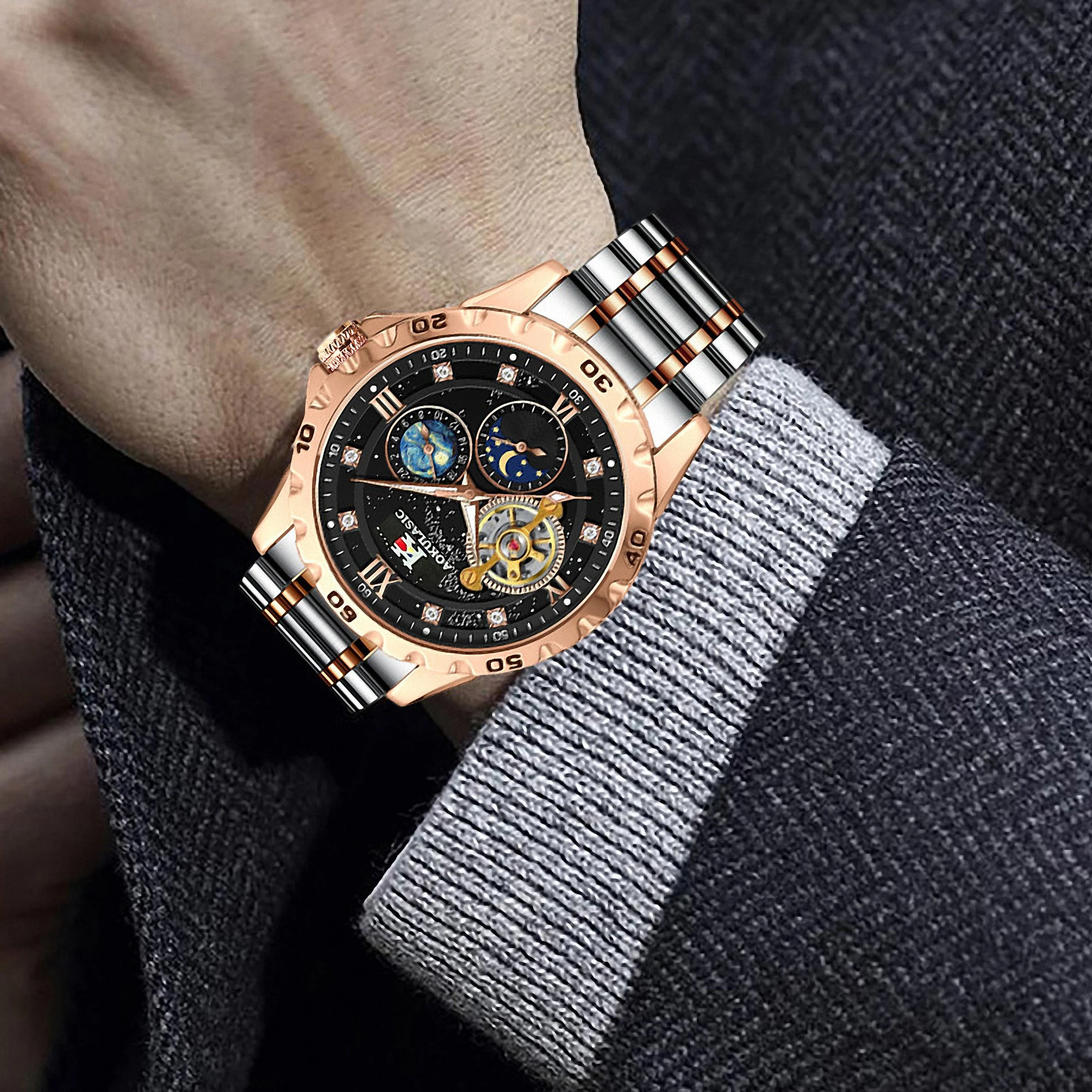 AOKULASIC Fashion Mechanical Watch for Men Starry Sky Luminous Design Stainless Steel Strap Business Automatic Watches Moon Phase Tourbillon Mens Wristwatches