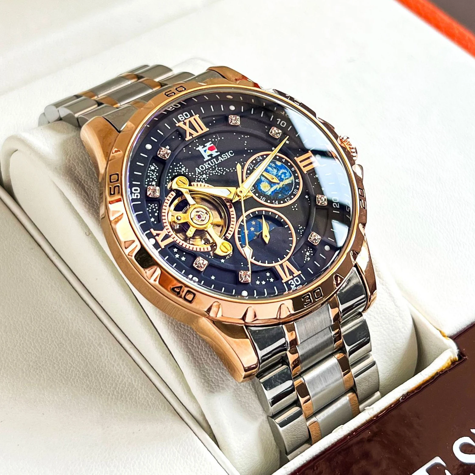 AOKULASIC Fashion Mechanical Watch for Men Starry Sky Luminous Design Stainless Steel Strap Business Automatic Watches Moon Phase Tourbillon Mens Wristwatches