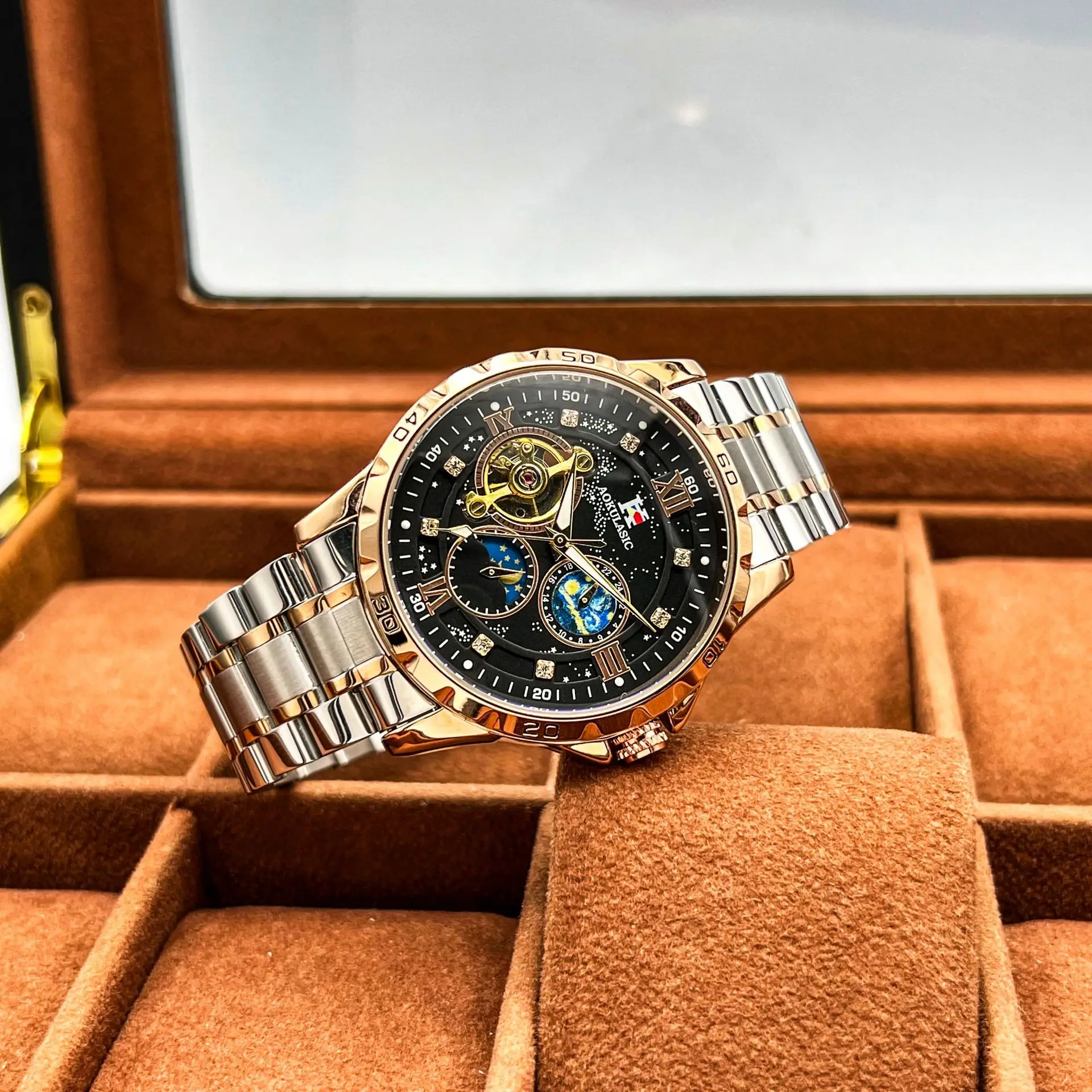 AOKULASIC Fashion Mechanical Watch for Men Starry Sky Luminous Design Stainless Steel Strap Business Automatic Watches Moon Phase Tourbillon Mens Wristwatches