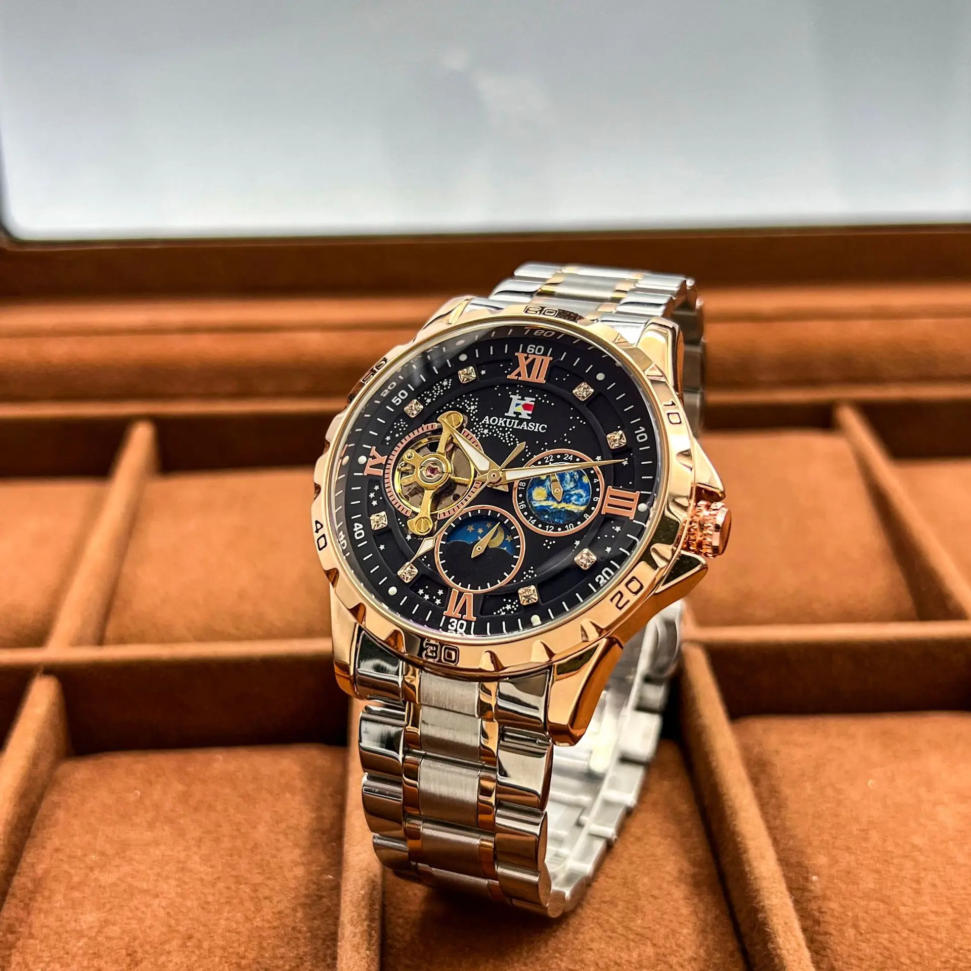 AOKULASIC Fashion Mechanical Watch for Men Starry Sky Luminous Design Stainless Steel Strap Business Automatic Watches Moon Phase Tourbillon Mens Wristwatches
