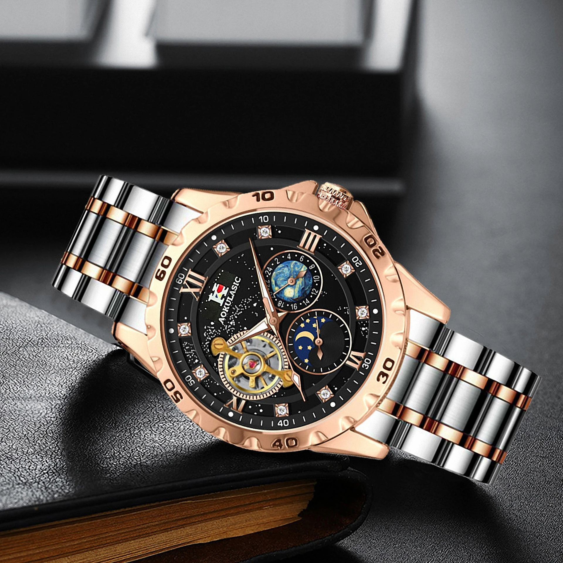 AOKULASIC Fashion Mechanical Watch for Men Starry Sky Luminous Design Stainless Steel Strap Business Automatic Watches Moon Phase Tourbillon Mens Wristwatches