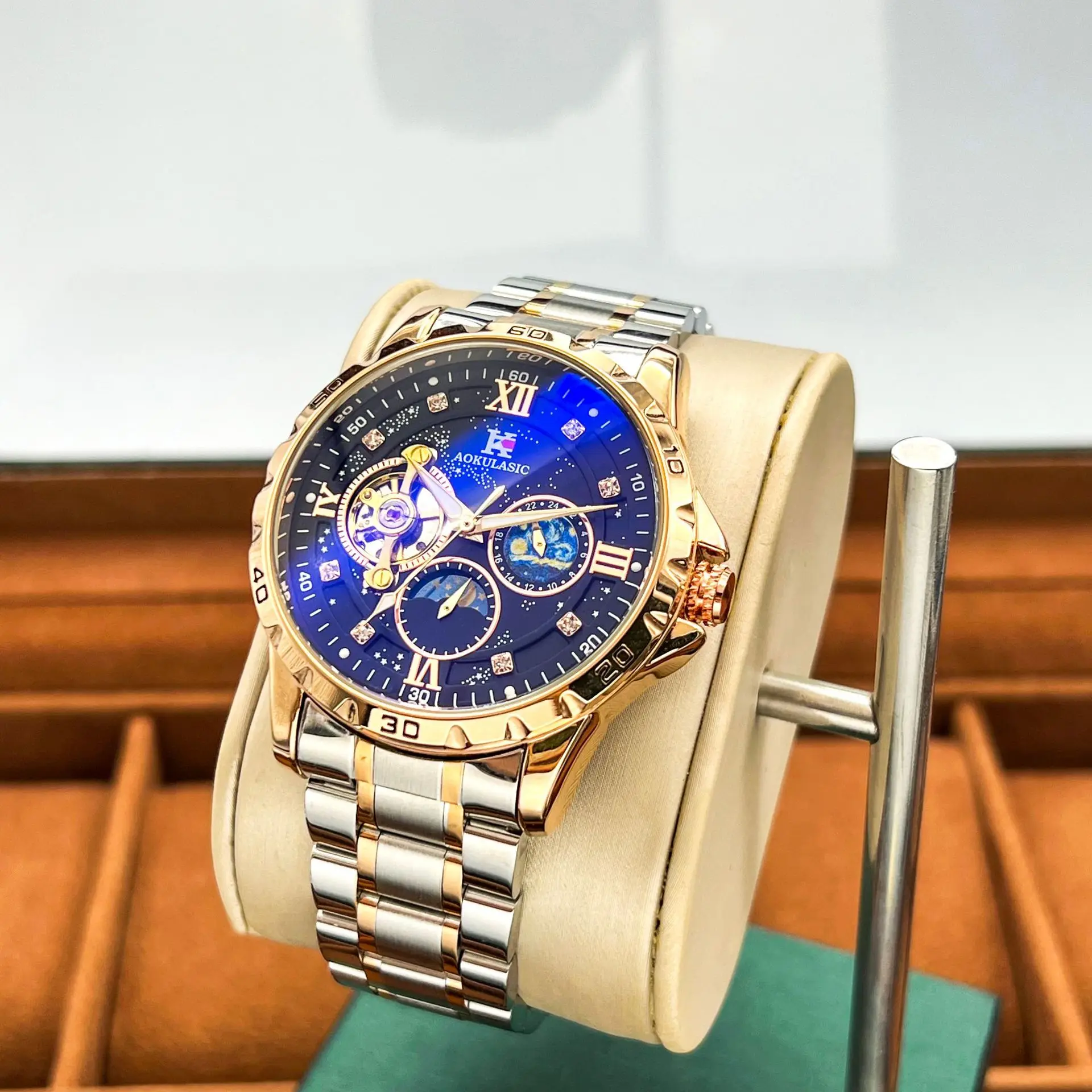AOKULASIC Fashion Mechanical Watch for Men Starry Sky Luminous Design Stainless Steel Strap Business Automatic Watches Moon Phase Tourbillon Mens Wristwatches