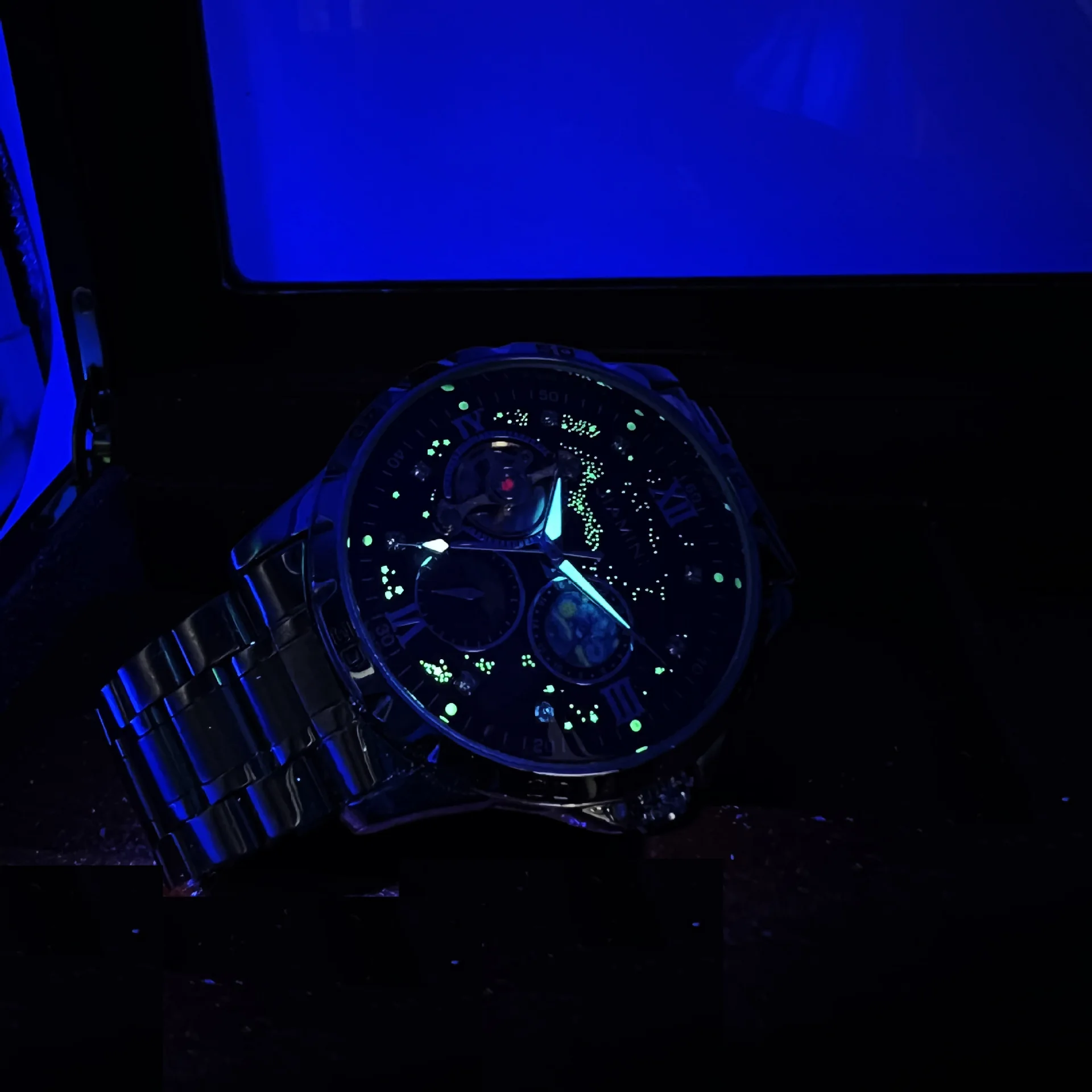AOKULASIC Fashion Mechanical Watch for Men Starry Sky Luminous Design Stainless Steel Strap Business Automatic Watches Moon Phase Tourbillon Mens Wristwatches