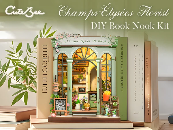Original CUTEBEE 199pcs Champs-Élysées Florist Book Nook Kit DIY Miniature House Dollhouse Kit Book Nook Para Montar for Adults Booknook Tiny Flower House Bookshelf Decor 3D Wooden Puzzle DIY Craft Gifts for Family Friends for Books Fans Gifts