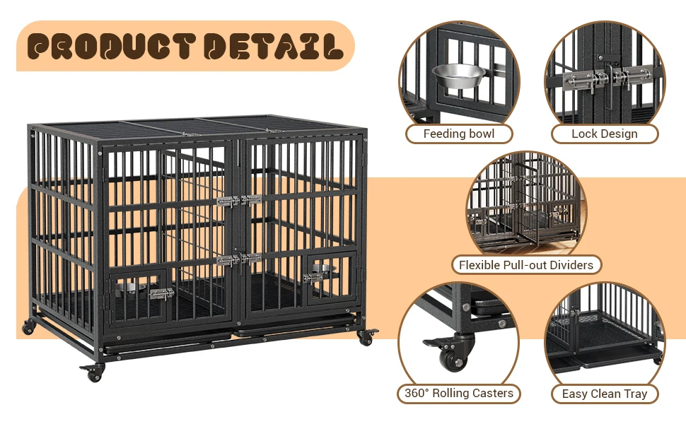 42 Inch Heavy Duty Dog Crate Metal Dog Cage with Double Door Lockable Wheels Removable Divider Trays Feeding Doors for Small Medium Large Dogs Indoor