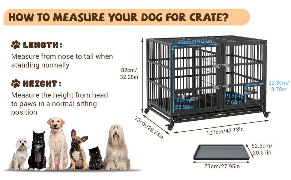 42 Inch Heavy Duty Dog Crate Metal Dog Cage with Double Door Lockable Wheels Removable Divider Trays Feeding Doors for Small Medium Large Dogs Indoor