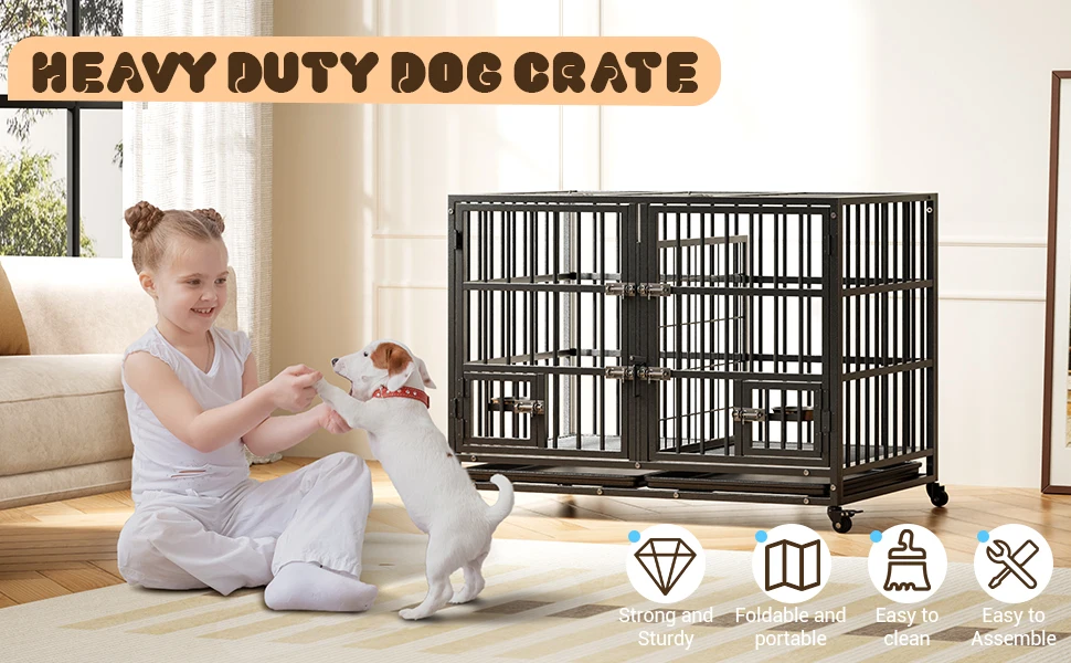 42 Inch Heavy Duty Dog Crate Metal Dog Cage with Double Door Lockable Wheels Removable Divider Trays Feeding Doors for Small Medium Large Dogs Indoor