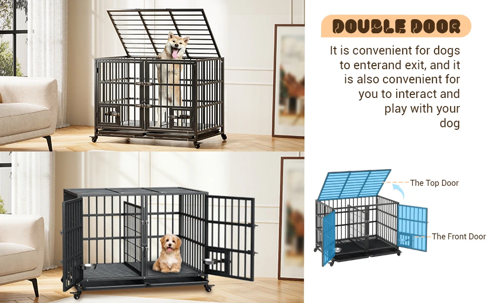 42 Inch Heavy Duty Dog Crate Metal Dog Cage with Double Door Lockable Wheels Removable Divider Trays Feeding Doors for Small Medium Large Dogs Indoor