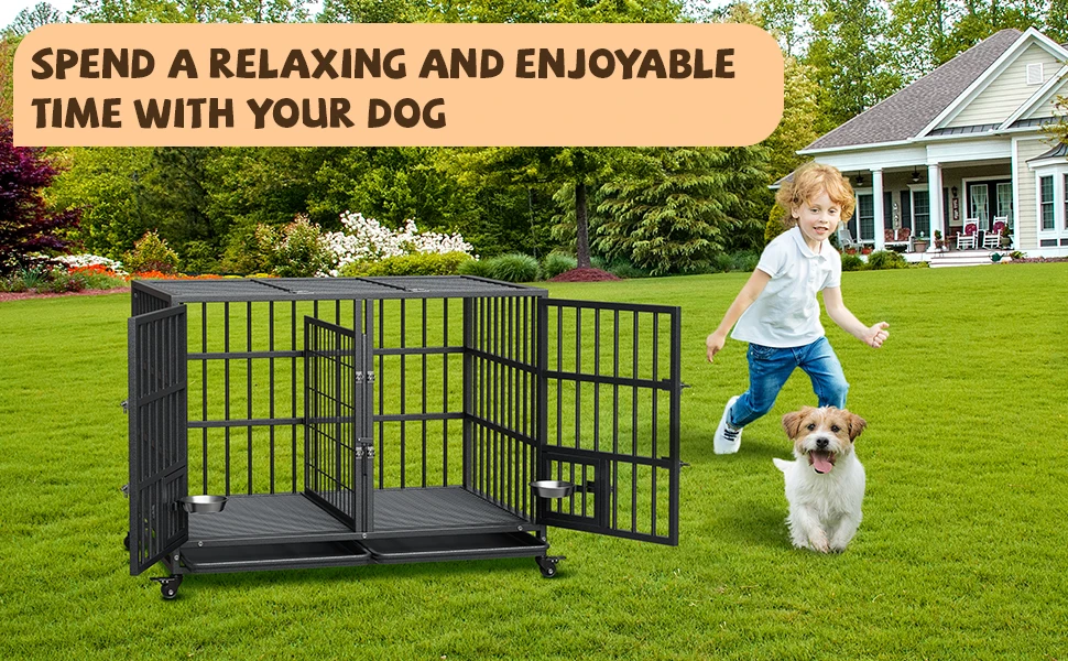 42 Inch Heavy Duty Dog Crate Metal Dog Cage with Double Door Lockable Wheels Removable Divider Trays Feeding Doors for Small Medium Large Dogs Indoor