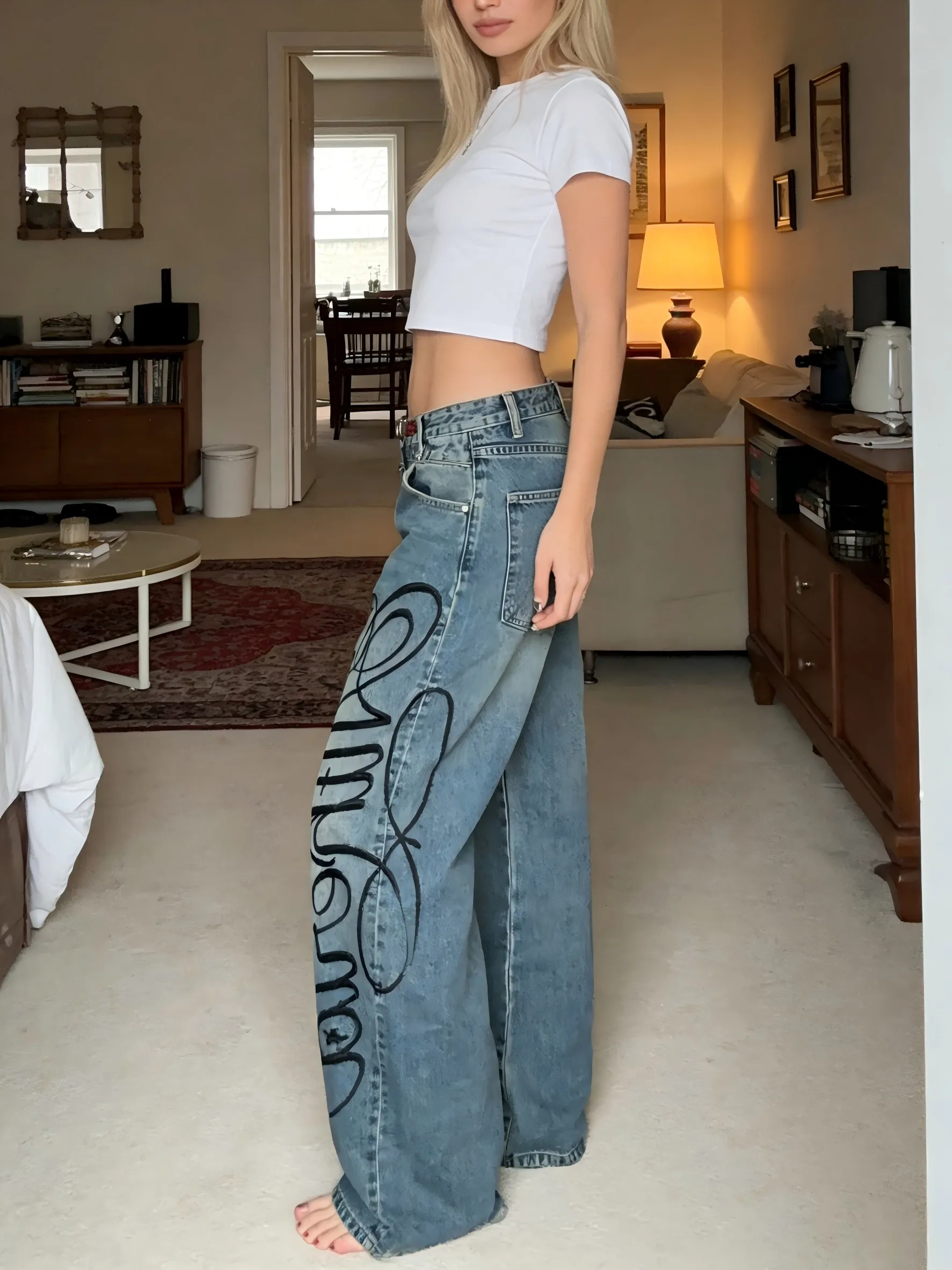 【HME】Jeans | Heavy Vintage Wash Denim Pants For Women, High Waist Baggy Wide Leg Denim Jeans, Double-Side Script Print With Star Accents, Waist Leather Strap For Detail, Sturdy Draped Fabric Slimming, Classic 5-Pocket Versatile Casual Denim Trousers
