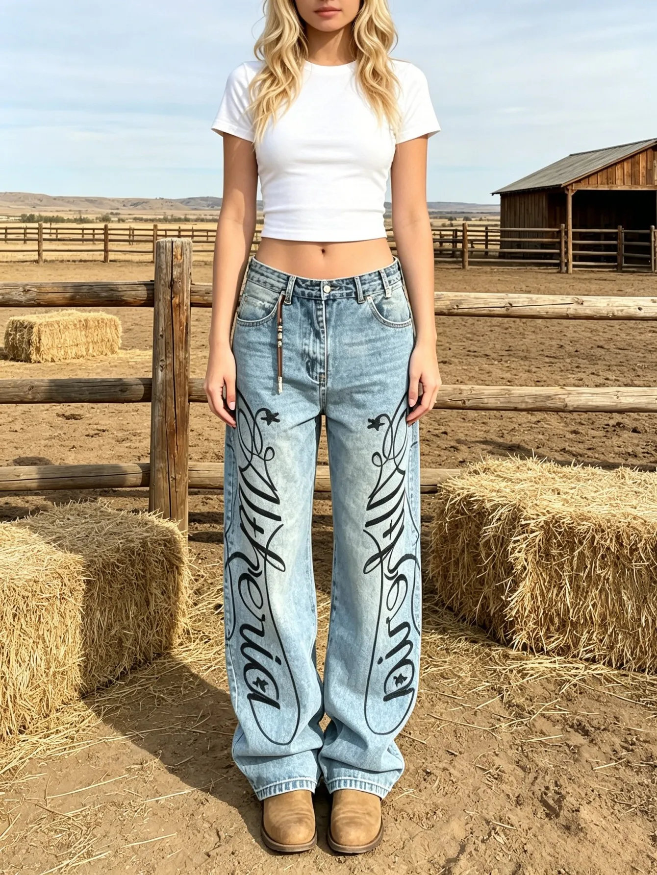 【HME】Jeans | Heavy Vintage Wash Denim Pants For Women, High Waist Baggy Wide Leg Denim Jeans, Double-Side Script Print With Star Accents, Waist Leather Strap For Detail, Sturdy Draped Fabric Slimming, Classic 5-Pocket Versatile Casual Denim Trousers