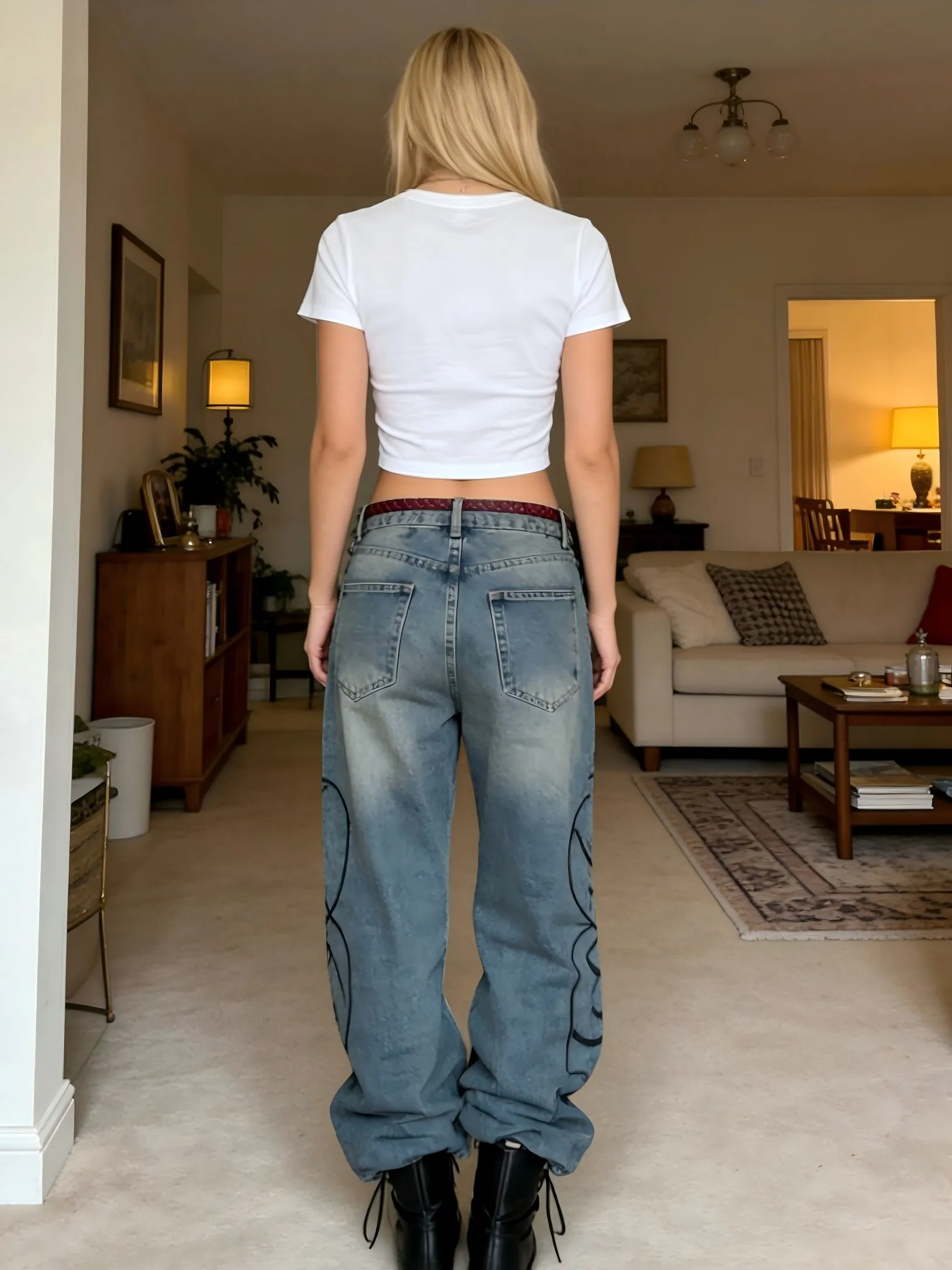 【HME】Jeans | Heavy Vintage Wash Denim Pants For Women, High Waist Baggy Wide Leg Denim Jeans, Double-Side Script Print With Star Accents, Waist Leather Strap For Detail, Sturdy Draped Fabric Slimming, Classic 5-Pocket Versatile Casual Denim Trousers