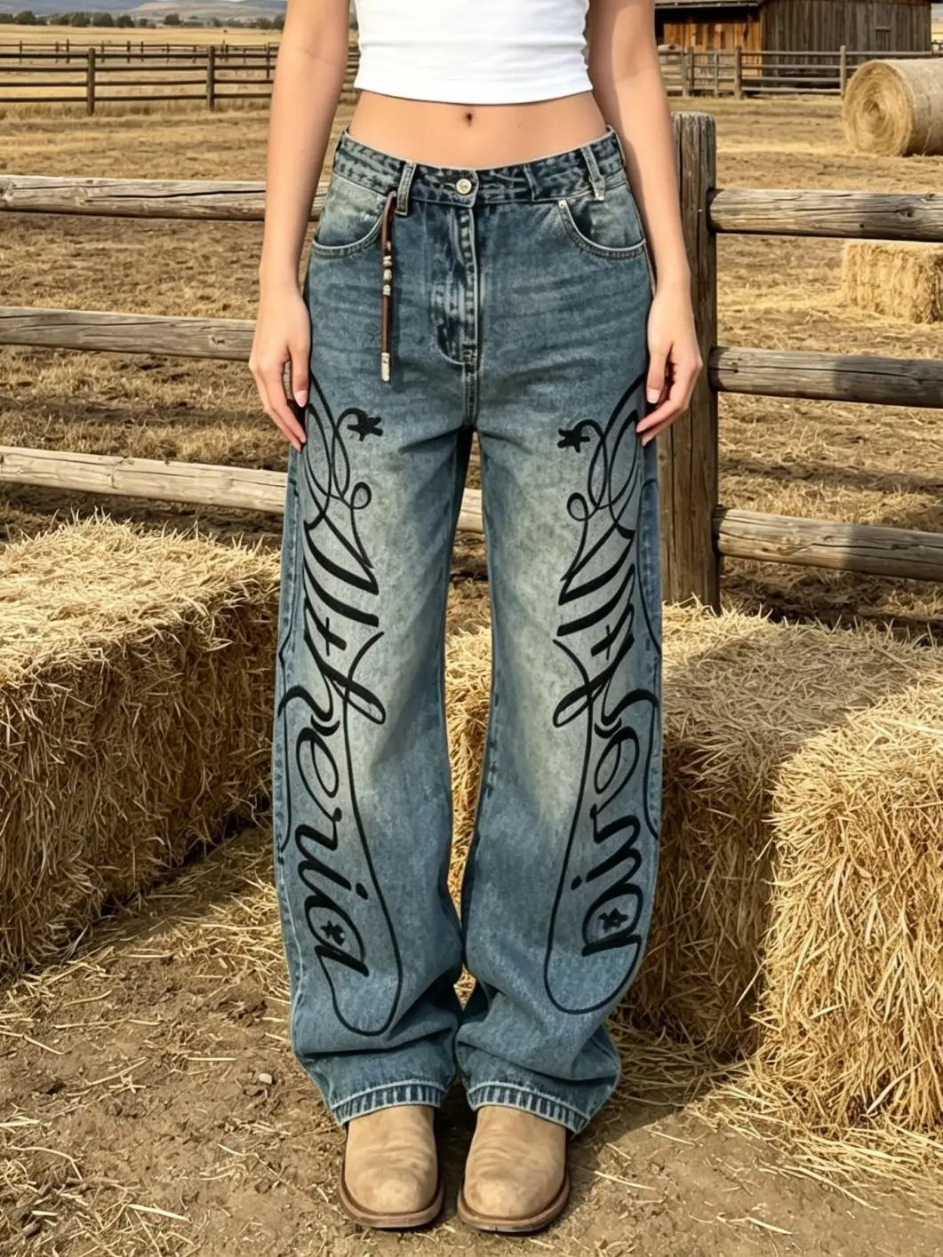 【HME】Jeans | Heavy Vintage Wash Denim Pants For Women, High Waist Baggy Wide Leg Denim Jeans, Double-Side Script Print With Star Accents, Waist Leather Strap For Detail, Sturdy Draped Fabric Slimming, Classic 5-Pocket Versatile Casual Denim Trousers