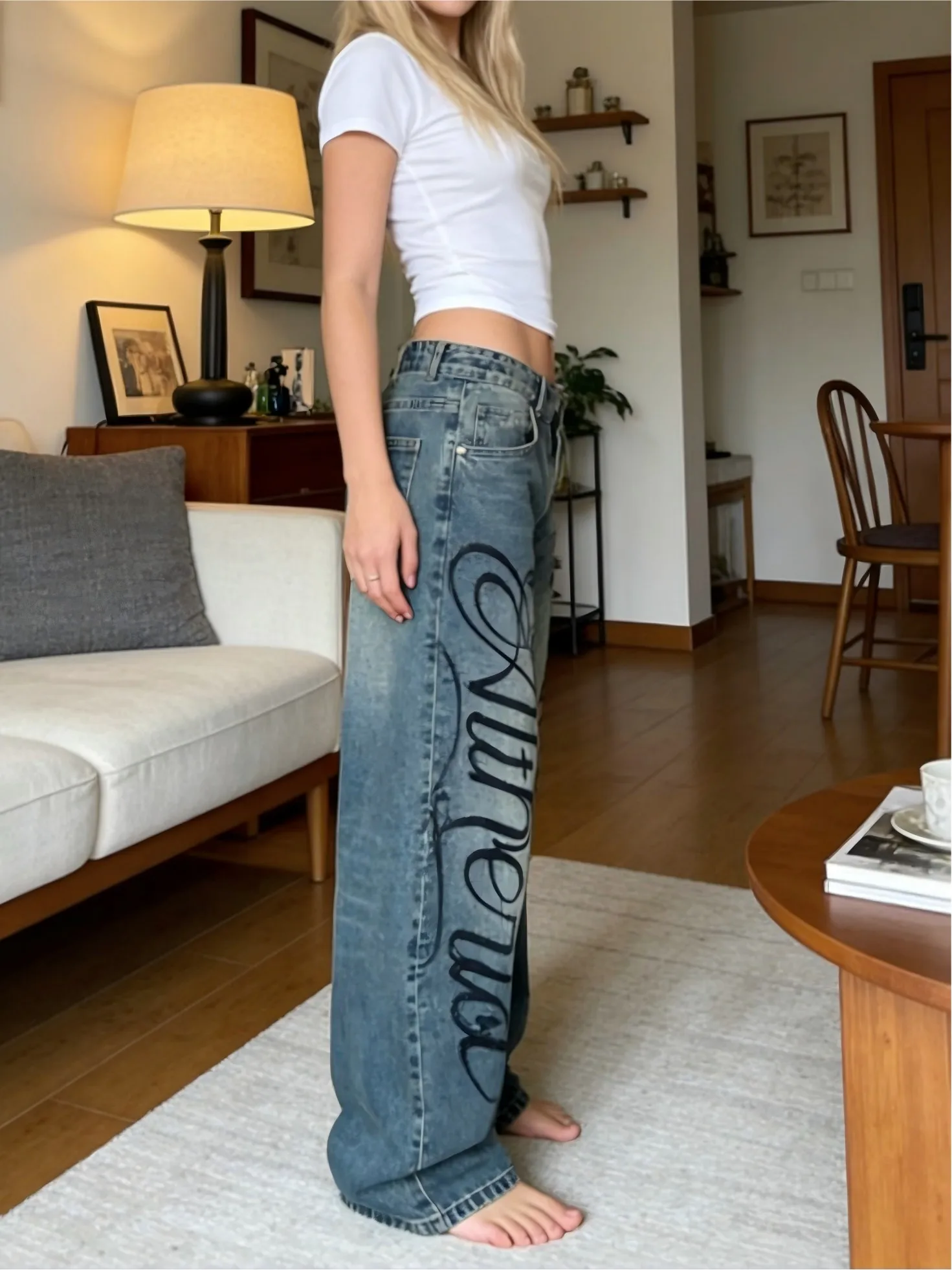 【HME】Jeans | Heavy Vintage Wash Denim Pants For Women, High Waist Baggy Wide Leg Denim Jeans, Double-Side Script Print With Star Accents, Waist Leather Strap For Detail, Sturdy Draped Fabric Slimming, Classic 5-Pocket Versatile Casual Denim Trousers
