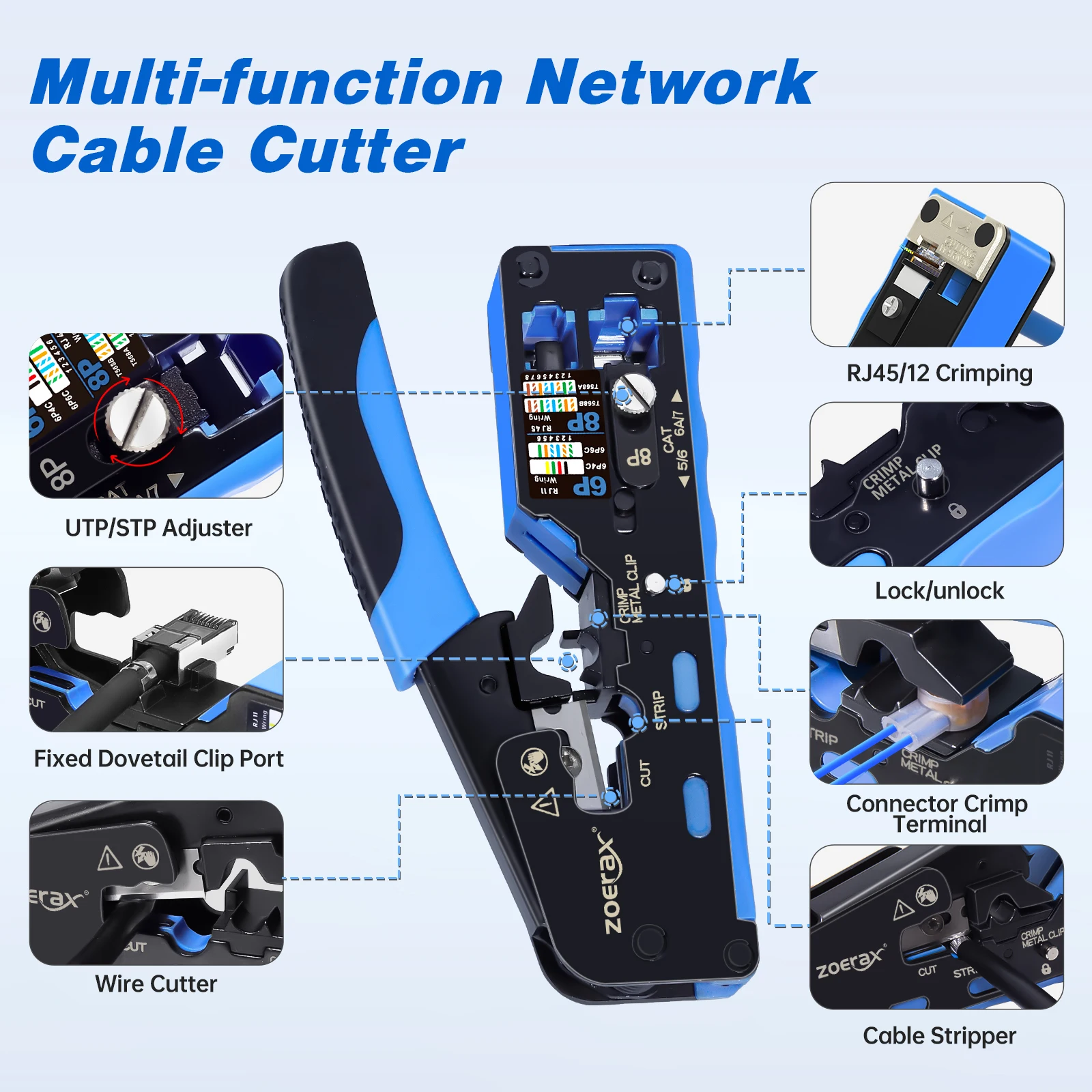 ZoeRax RJ45 CAT7 CAT6A Crimping Tool RJ45 Network Tool Kit for CAT6A CAT7 CAT5 CAT6 Connectors with Crimp Tool,Wire Stripper and Blades