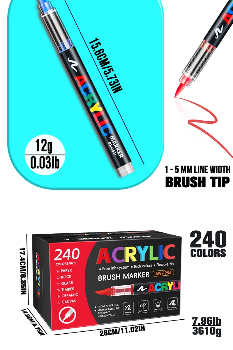 72/120/168/240/288/320/366/418 Colors Straight Liquid Acrylic Art Markers, Vivid Pigment, Paint Pens for Students, Artists & Hand-Painting Projects
