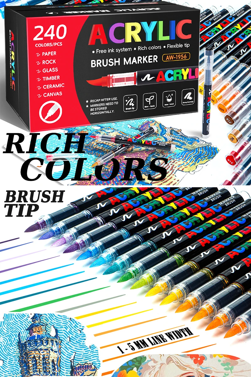 72/120/168/240/288/320/366/418 Colors Straight Liquid Acrylic Art Markers, Vivid Pigment, Paint Pens for Students, Artists & Hand-Painting Projects