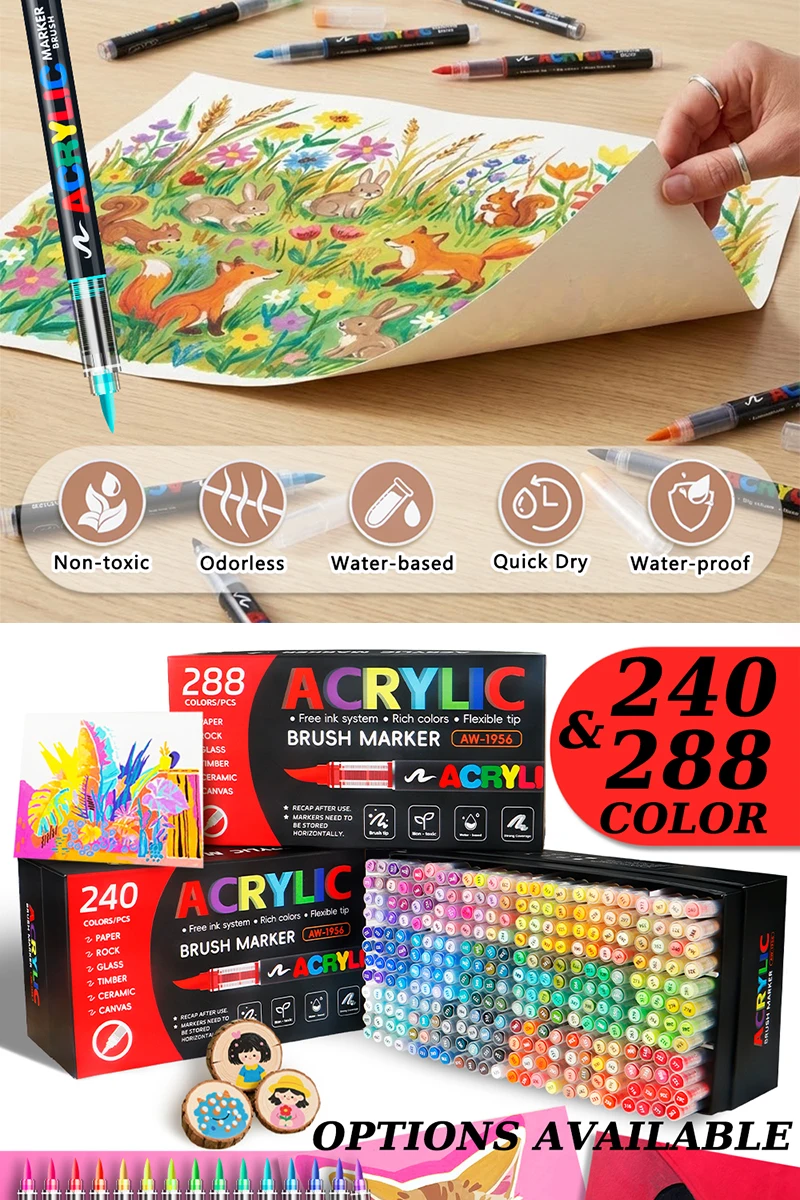 72/120/168/240/288/320/366/418 Colors Straight Liquid Acrylic Art Markers, Vivid Pigment, Paint Pens for Students, Artists & Hand-Painting Projects