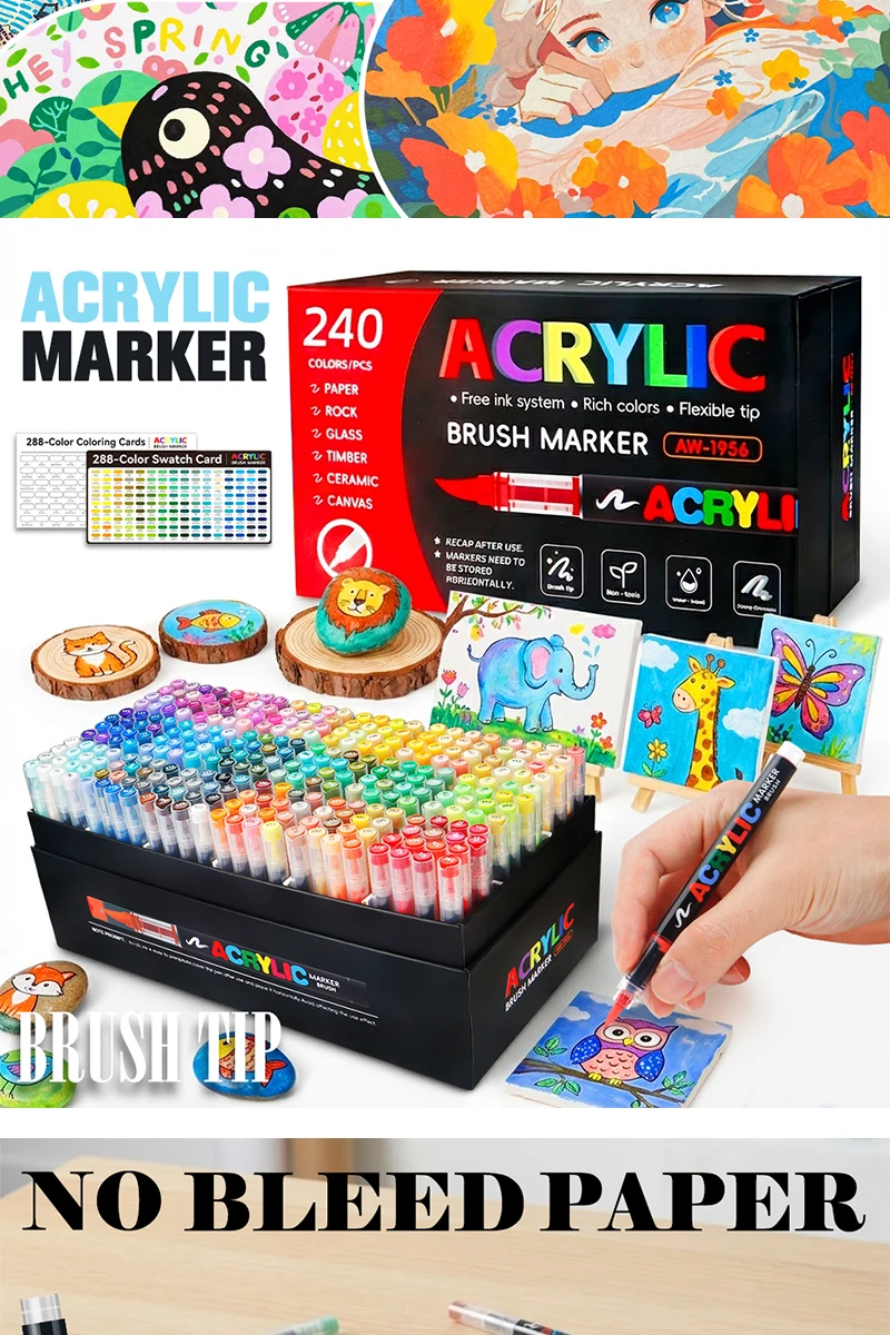 72/120/168/240/288/320/366/418 Colors Straight Liquid Acrylic Art Markers, Vivid Pigment, Paint Pens for Students, Artists & Hand-Painting Projects