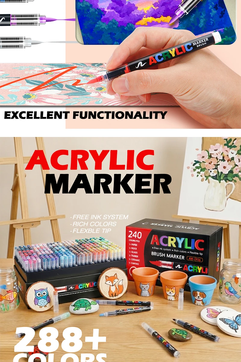 72/120/168/240/288/320/366/418 Colors Straight Liquid Acrylic Art Markers, Vivid Pigment, Paint Pens for Students, Artists & Hand-Painting Projects