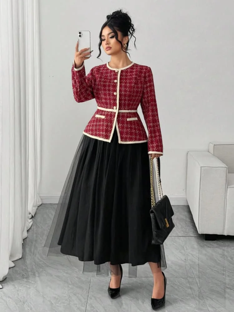 Plus Size Round Neck Long Sleeve Jacket + Midi Skirt Suit For Women Daily Office Formal Event Matching Outfit