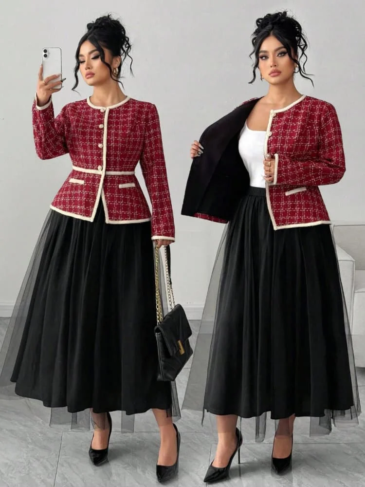 Plus Size Round Neck Long Sleeve Jacket + Midi Skirt Suit For Women Daily Office Formal Event Matching Outfit
