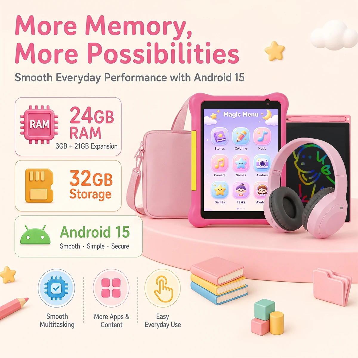 7 Inch Kids Tablet Full Set Android 15 24GB(3+21GB Virtual) 32GB ROM Five‑Core Processor 2800mAh WiFi Bluetooth5.4 With Headphone Writing Drawing Board Carry Bag Children Educational Learning Tablet