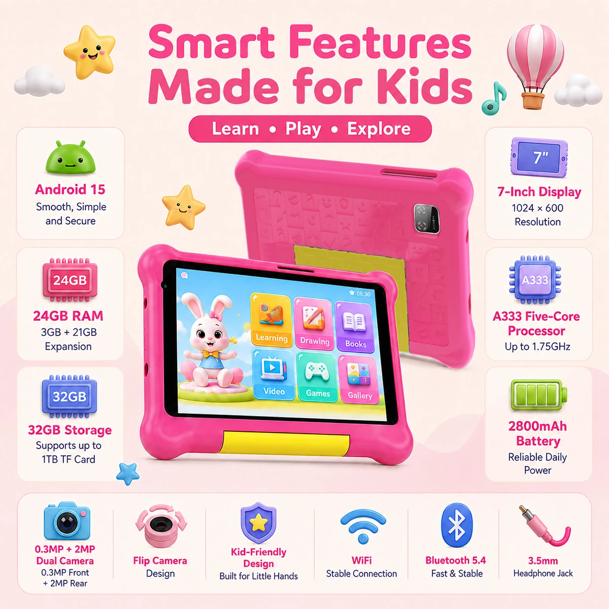 7 Inch Kids Tablet Full Set Android 15 24GB(3+21GB Virtual) 32GB ROM Five‑Core Processor 2800mAh WiFi Bluetooth5.4 With Headphone Writing Drawing Board Carry Bag Children Educational Learning Tablet