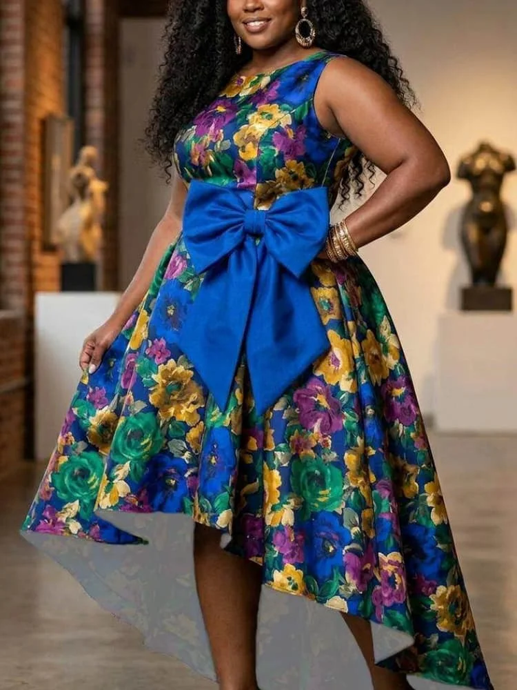 Plus Size Round Neck Sleeveless Waist Bow Decor Asymmetrical Midi Dress For Women Ceremony Party Irregular Hem Swing Long Dress