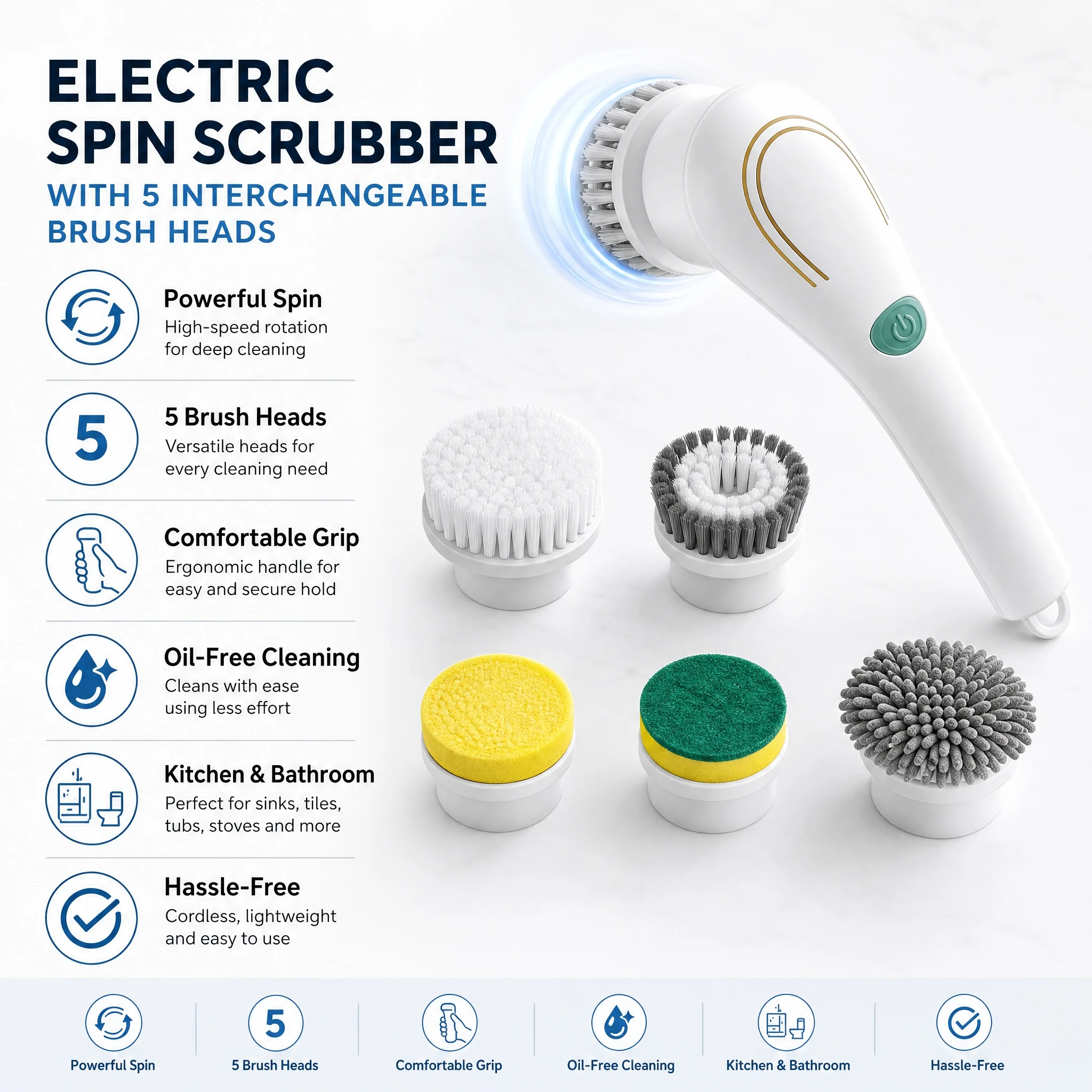 Automatic Cleaning Brush – Sponge Material, Powerful Stain Removal, Multiple Brush Heads, Handle