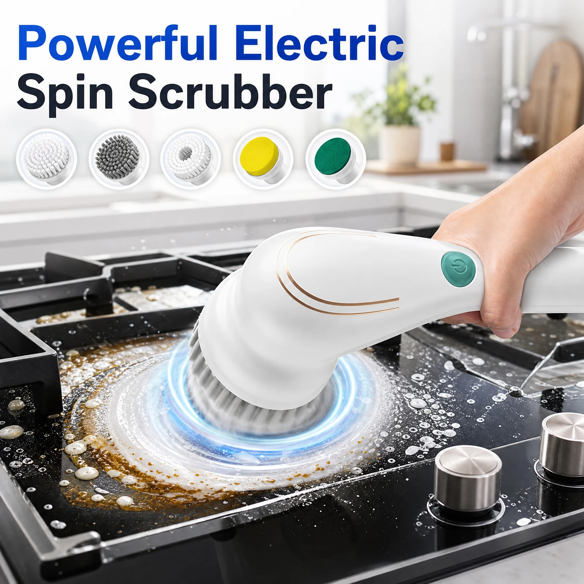 Automatic Cleaning Brush – Sponge Material, Powerful Stain Removal, Multiple Brush Heads, Handle
