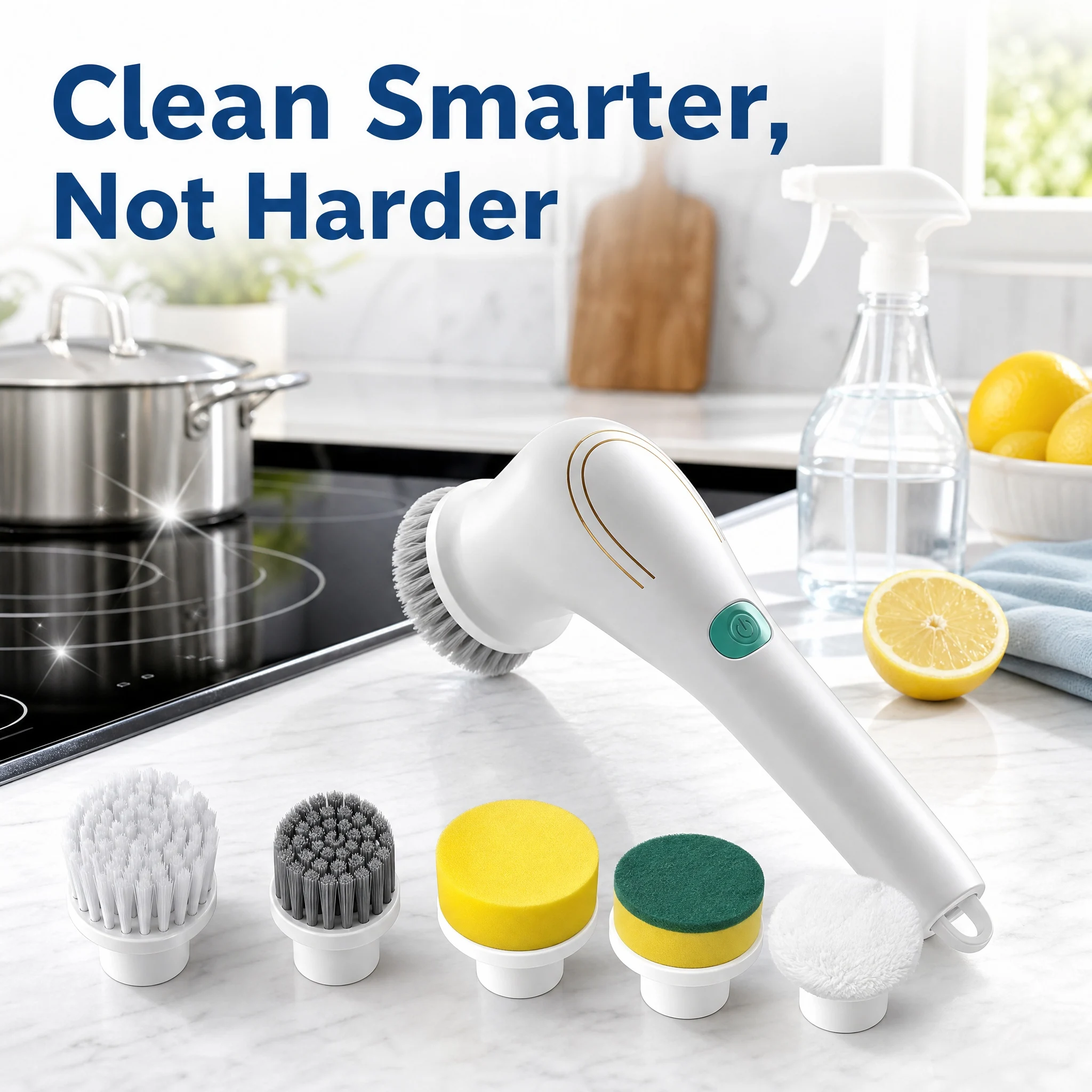 Automatic Cleaning Brush – Sponge Material, Powerful Stain Removal, Multiple Brush Heads, Handle